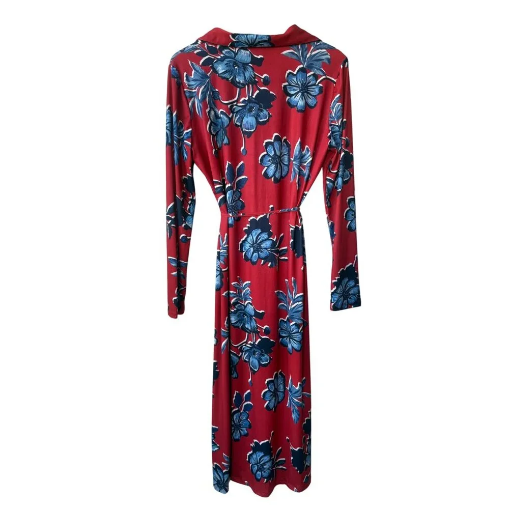 Zara Long Sleeve Shirt Dress Size L Boho Button Down Belted Red Blue Floral Midi - Picture 5 of 12